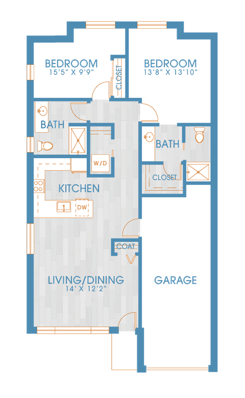 Floor plan for 2 beds, 2 baths, 1247 sqft